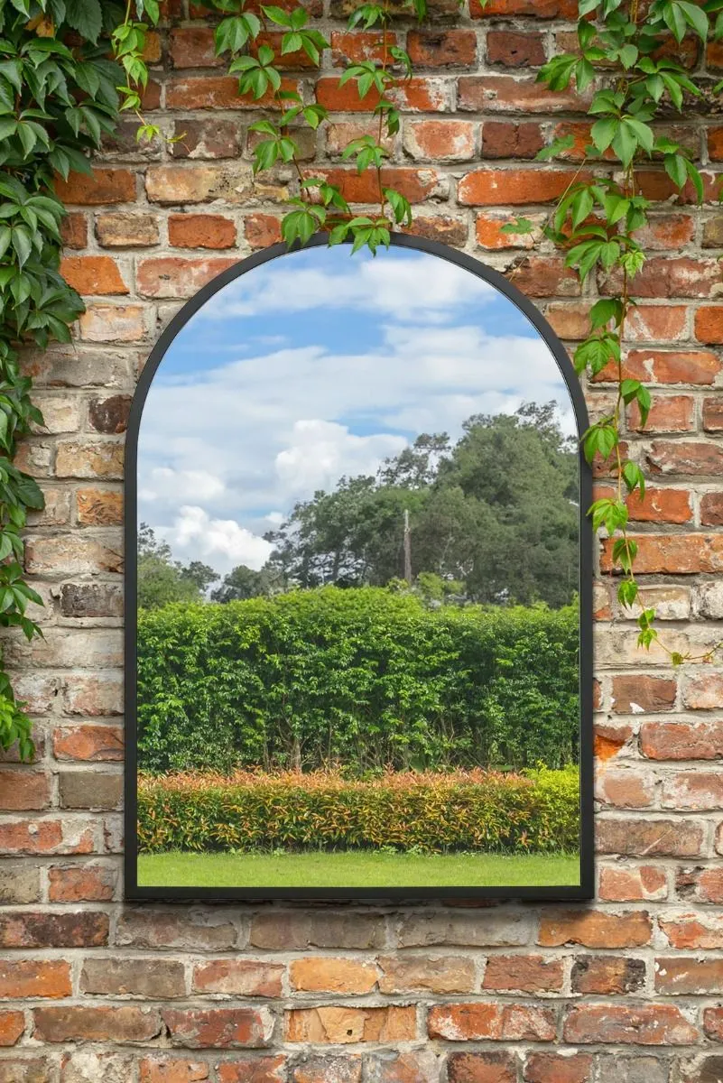 MirrorOutlet Black Metal Framed Arched Garden Wall Mirror 39" X 27" (100CM X 70CM)