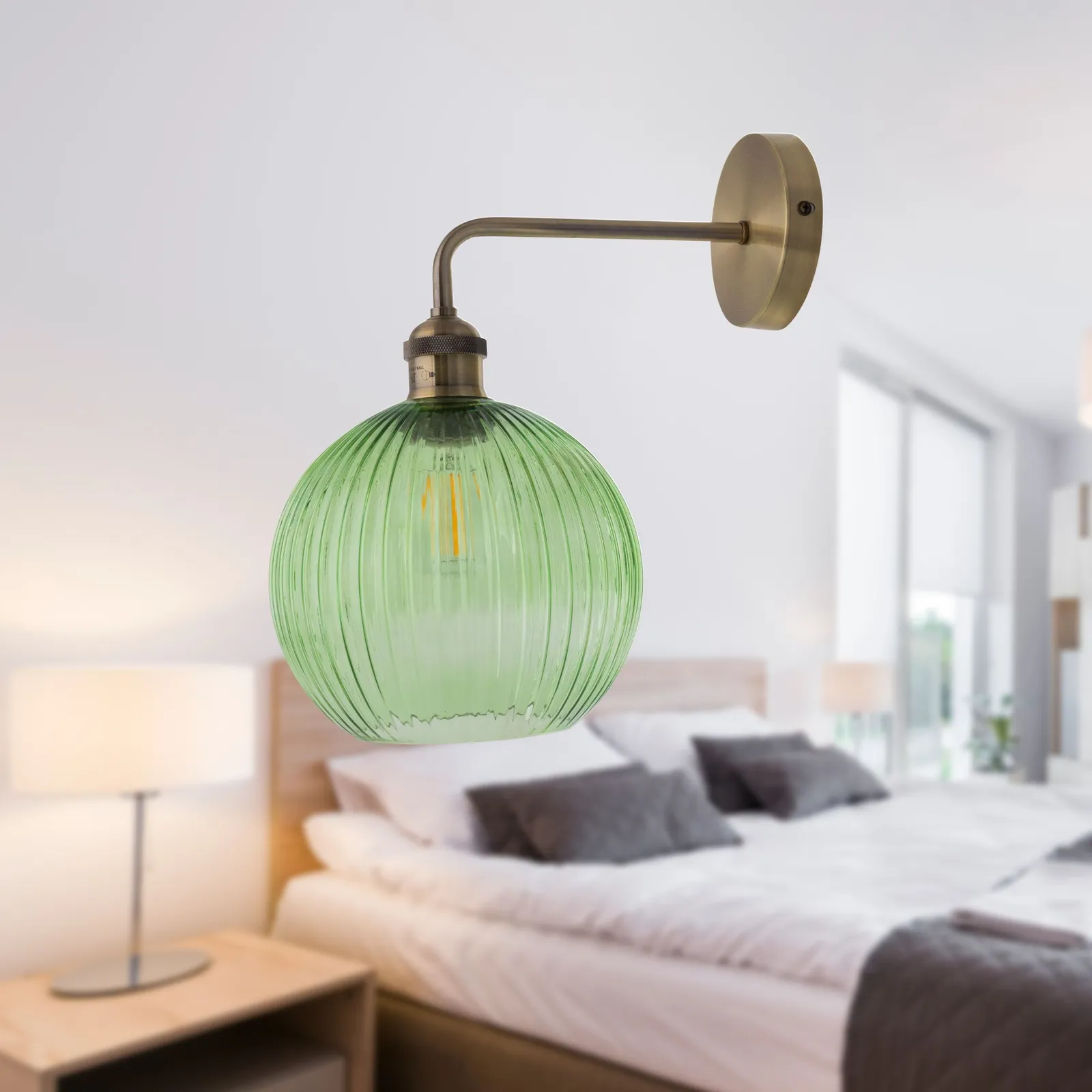 First Choice Lighting Set of 2 Isaac - Antique Brass Wall Lights with Green Ribbed Shades in Bronze 5