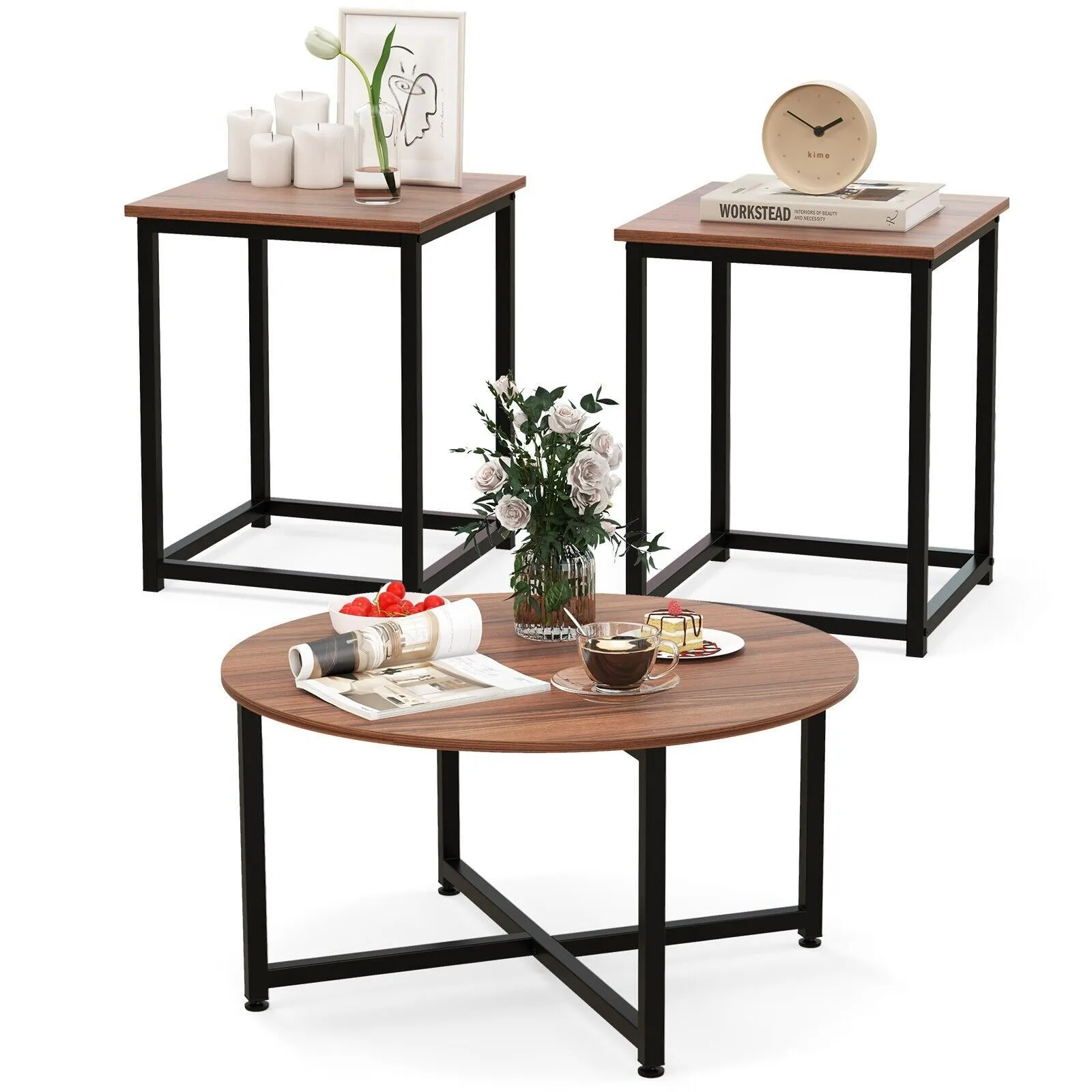 Costway Set of 3 Modern Coffee Table Set Round Coffee Table & 2PCS Square End Tables in Brown