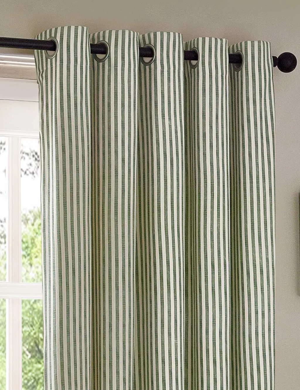 YARD Hebden Pure Cotton Striped Eyelet Curtains Dark Green Mix