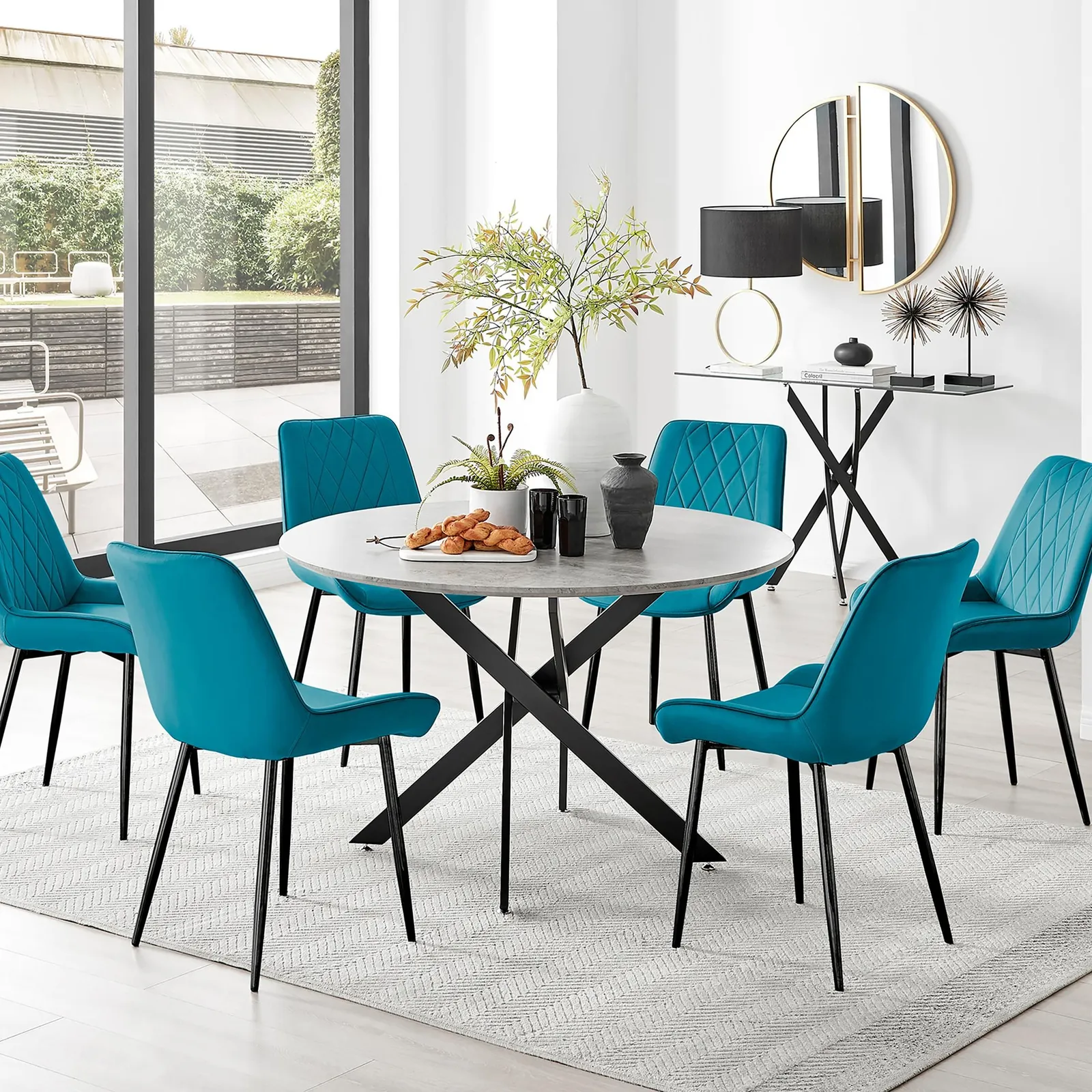 FurnitureboxUK Novara Grey Concrete Effect Black Leg 120cm Round Dining Table & 6 Pesaro Black Leg Chairs in Blue 1