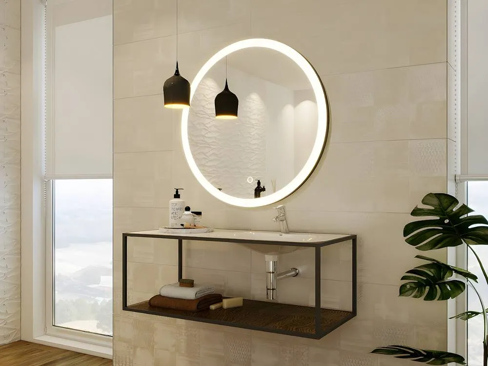 Vente-unique Round Illuminated Black Bathroom Mirror With Leds - D. 80 Cm - NUMEA