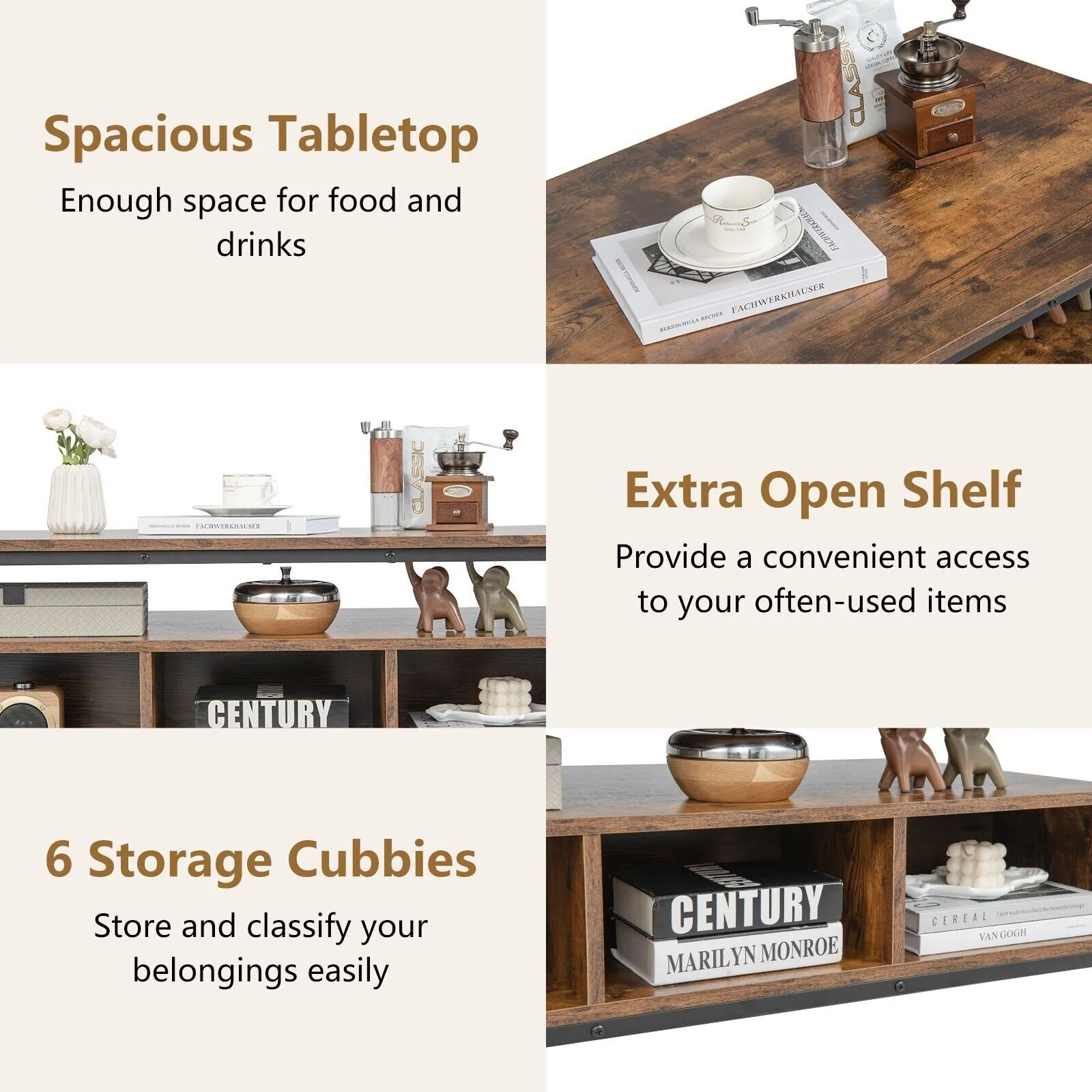 Costway Industrial Coffee Table Wooden Cocktail Center Table with Storage Shelf in Brown 6