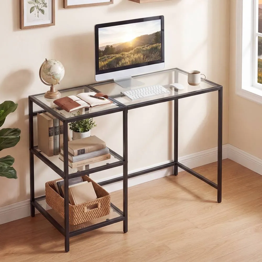 Costway Tempered Glass Computer Desk Modern Office Desk with Storage Shelves in Black 5