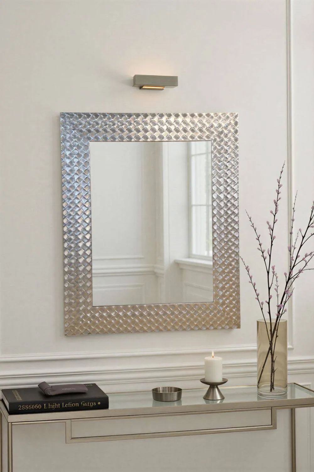 Yearn Mirrors Hammered Silver Framed Bevelled Mirror in Metallic Silver