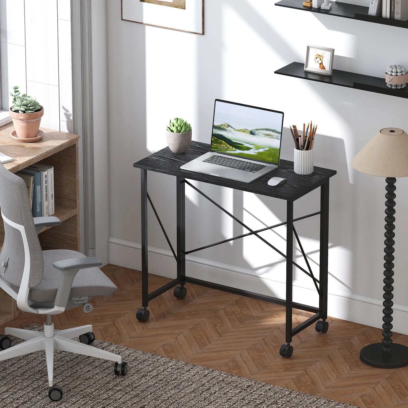 HOMCOM Folding Desk on Wheels, Writing Table for Home Office, Black