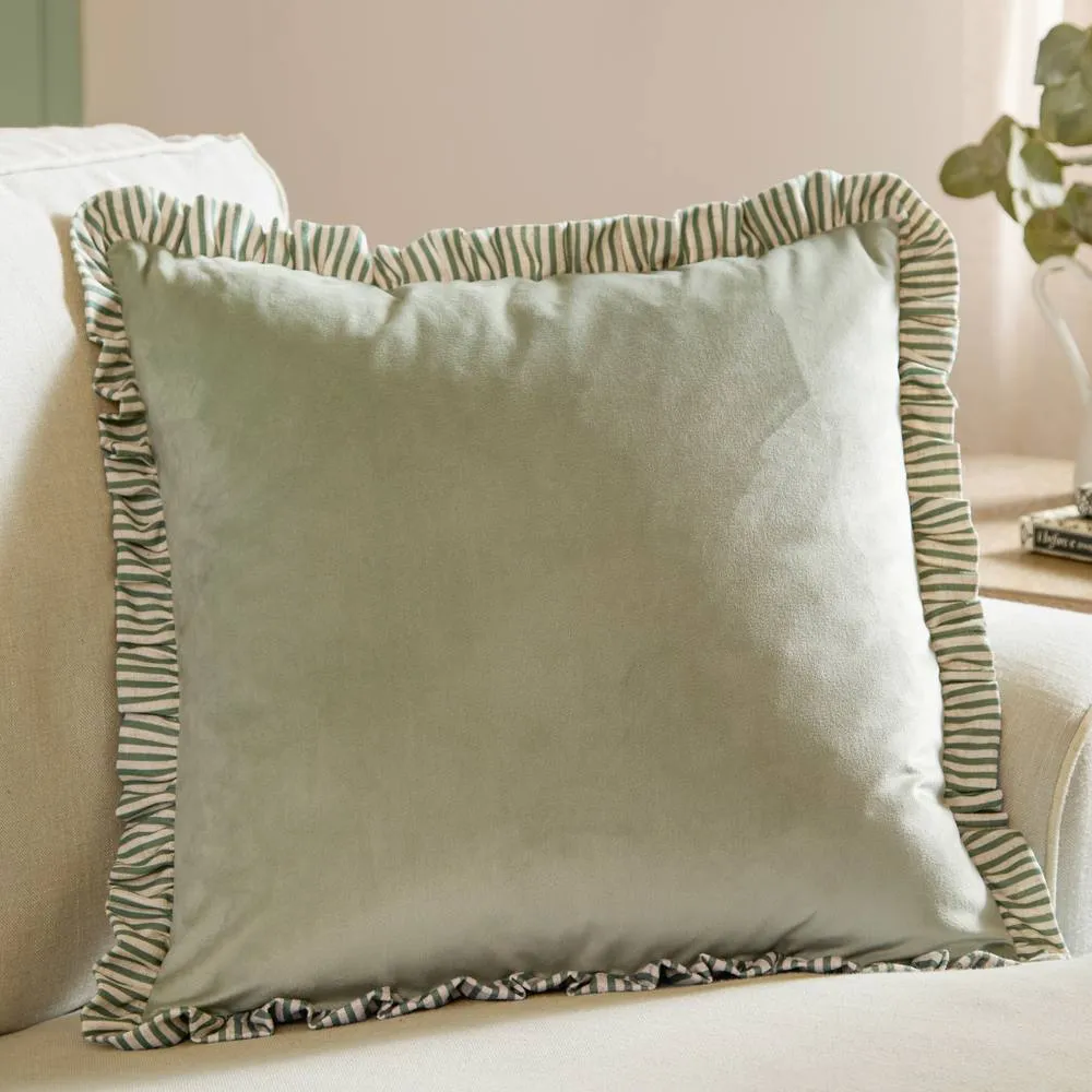 Wylder Solene Ruffle Matte Velvet Cushion in Light Green 1
