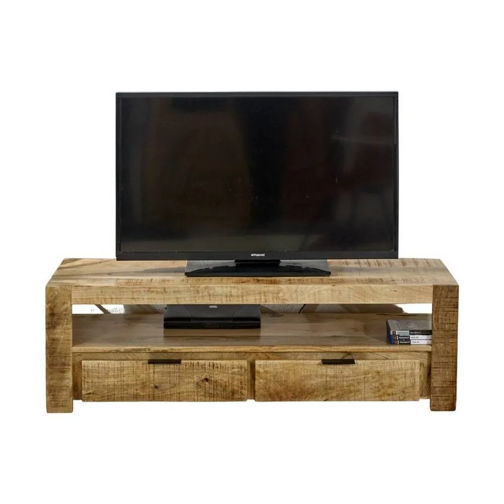 Indian Hub Surrey TV Stand with 2 Drawers - Solid Mango Wood - L40 x W130 x H40cm in Brown