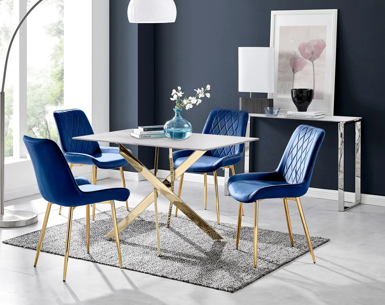 FurnitureboxUK Leonardo White Glass Marble Effect Gold Leg Table & 4 Pesaro Gold Leg Chairs in Navy