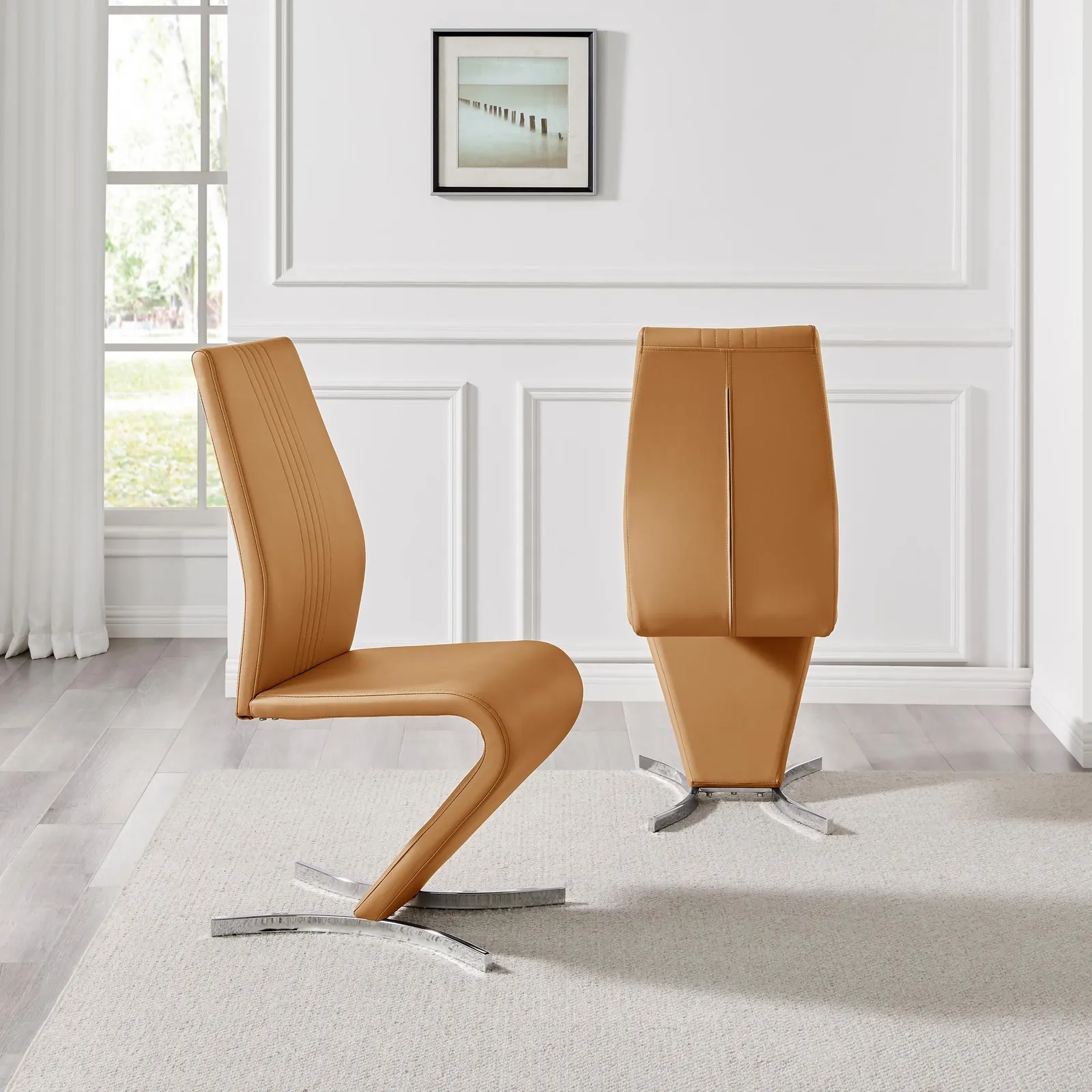 FurnitureboxUK Set of 2 Willow Contemporary Z Shaped Faux Leather Dining Chairs With Silver Chrome Metal Legs in Mustard 3