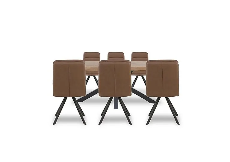 Njord Raw Edge Dining Table with Metal Star Base and 6 Tan Faux Leather Swivel Chairs - 220-cm - Old Bassano