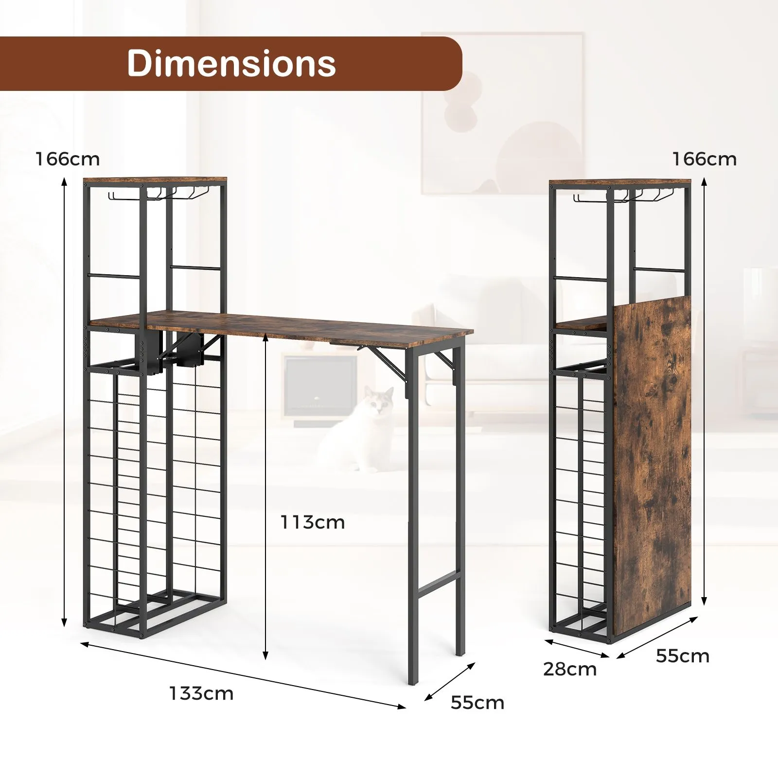 Costway Bar Table Tall Kitchen Island Table with Foldable Tabletop in Brown 2