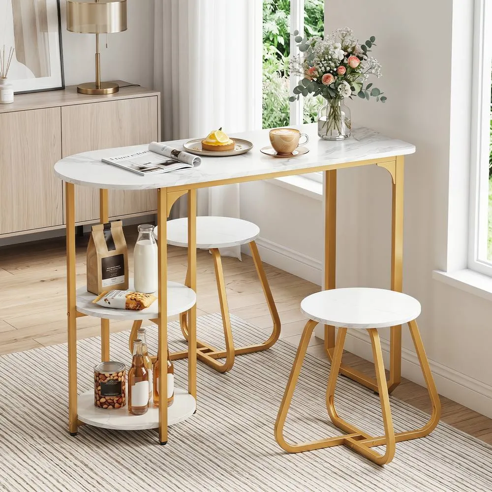 Costway Table & 2 Bar Stools Set Table with 2 Shelves Stools in White 5