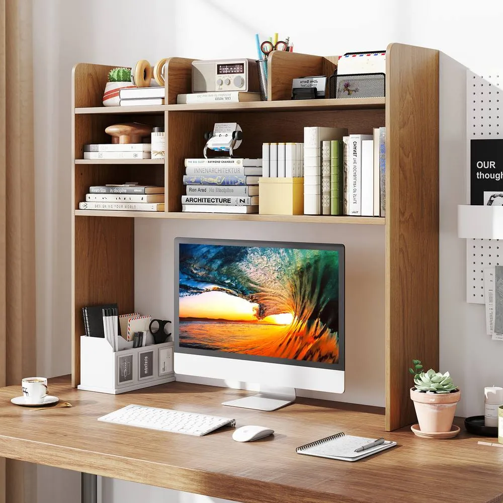 Costway Desktop Bookshelf Desk Hutch Shelf for Computer Monitor in Natural 3