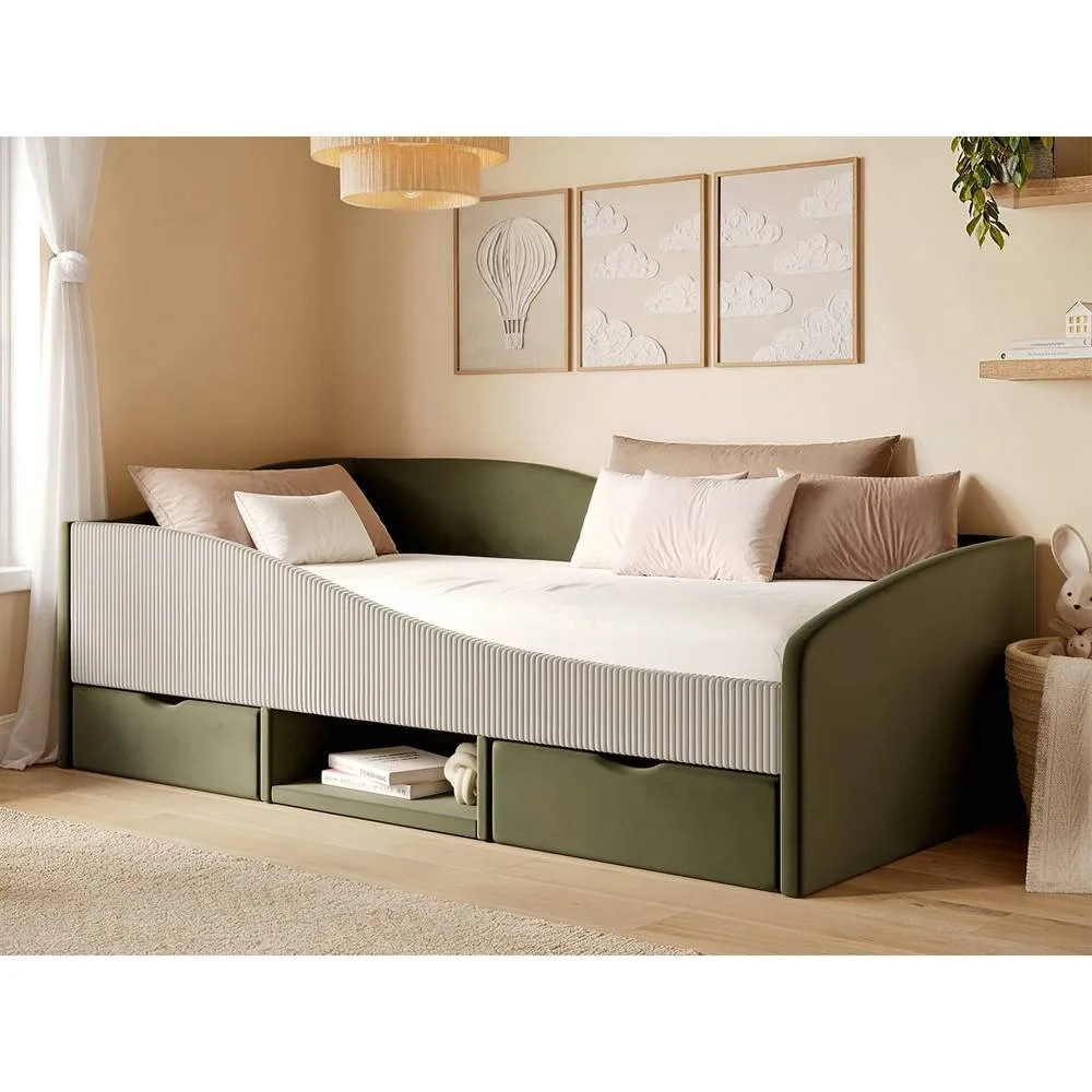 Flair Aubrey Velvet Storage Low Sleeper Bed with Beige Cord in Green 1