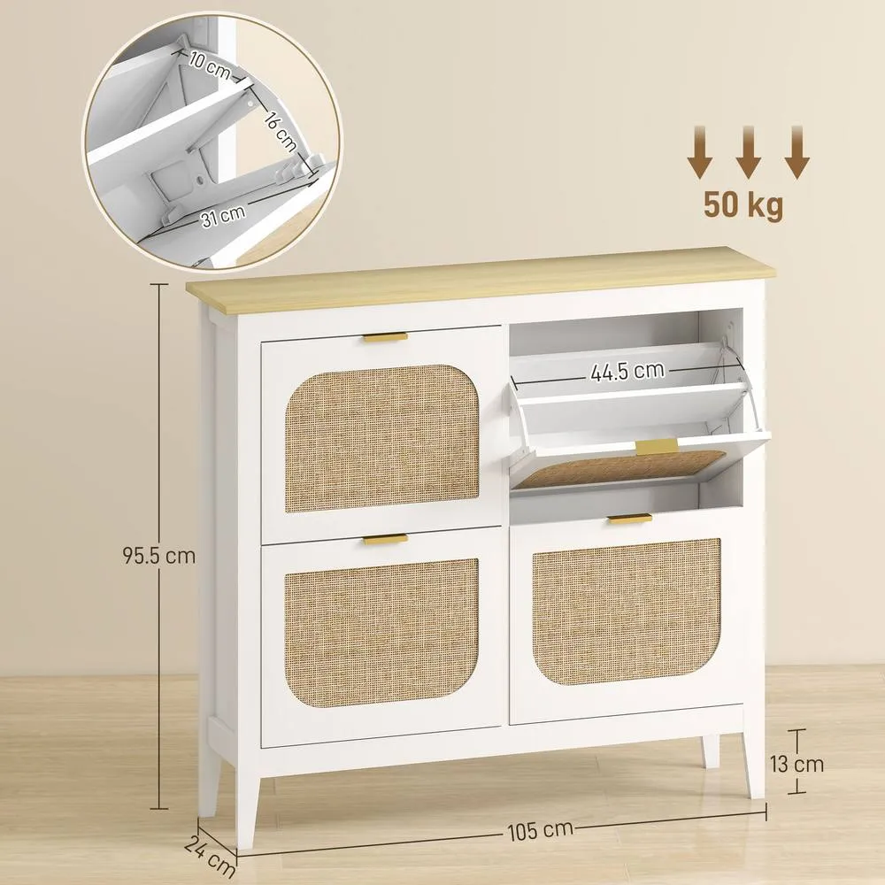 HOMCOM Boho Slim Shoe Cabinet with Rattan Doors, Holds 20 Pairs, White 3