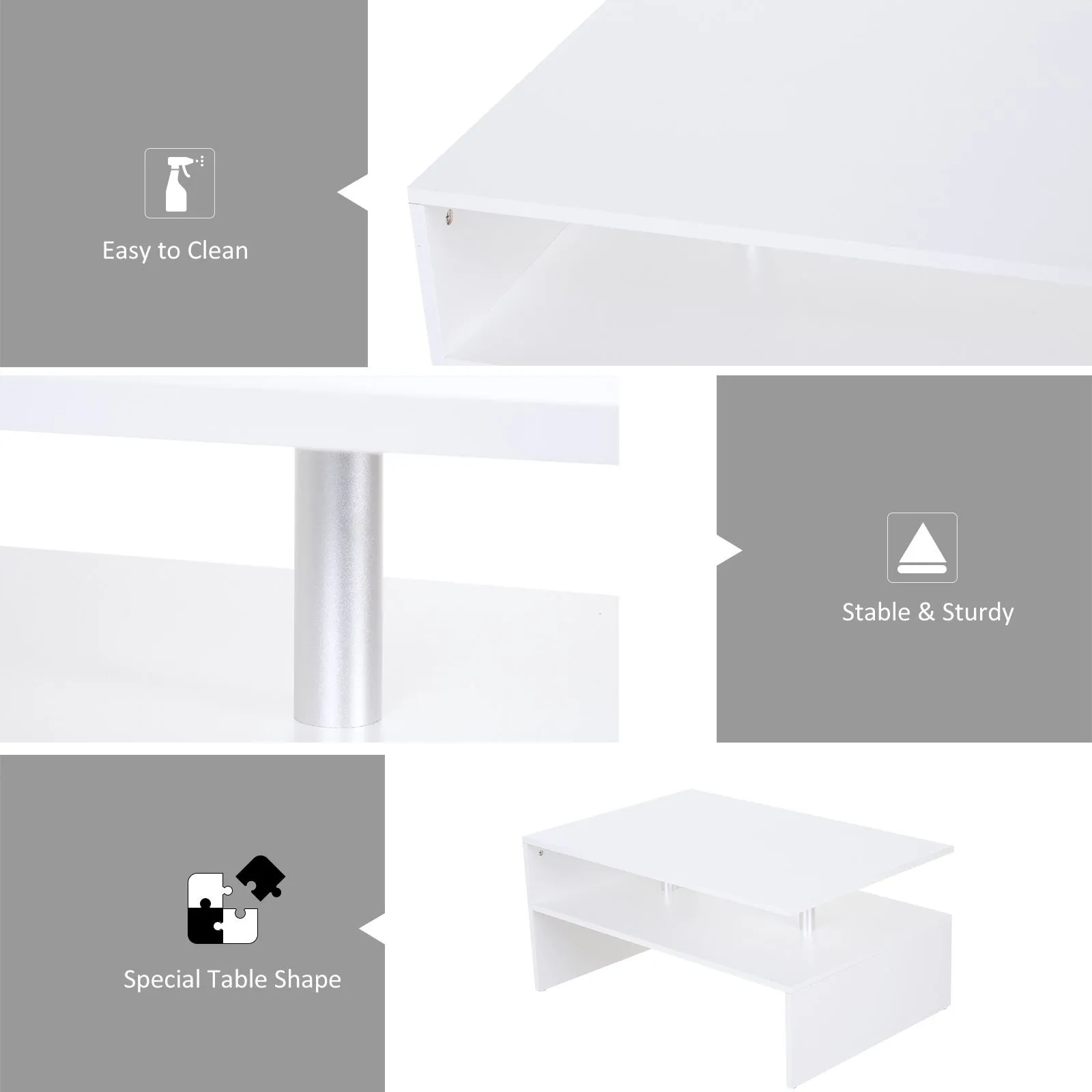 HOMCOM 2 Tier Coffee Table End/Side Table Modern Design Open Shelf in White 4