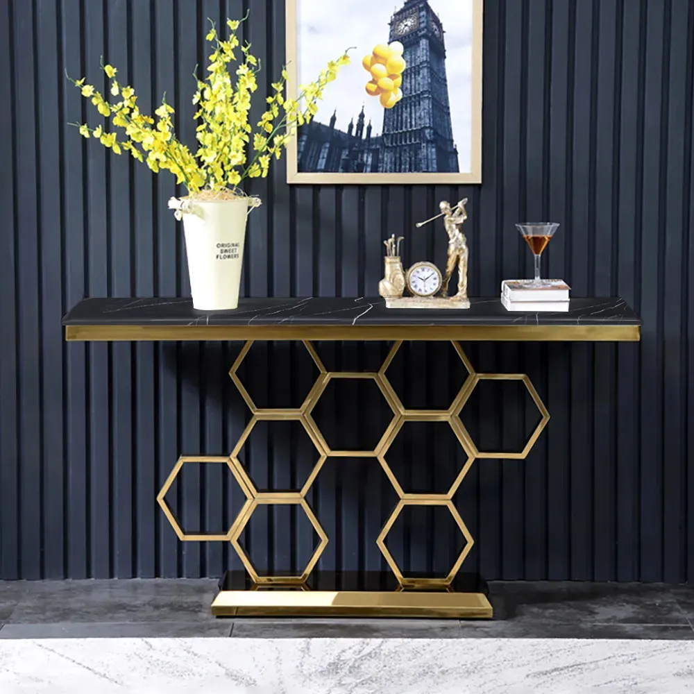 1500mm Modern Rectangle Black Marble Console Table Narrow Entryway Table