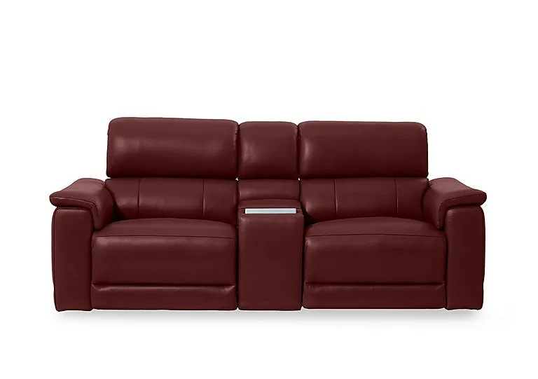 Genius Leather 2 Seater Power Recliner Media Sofa with Power Headrest, Power Lumbar and Heated Seats - Montana Ruby