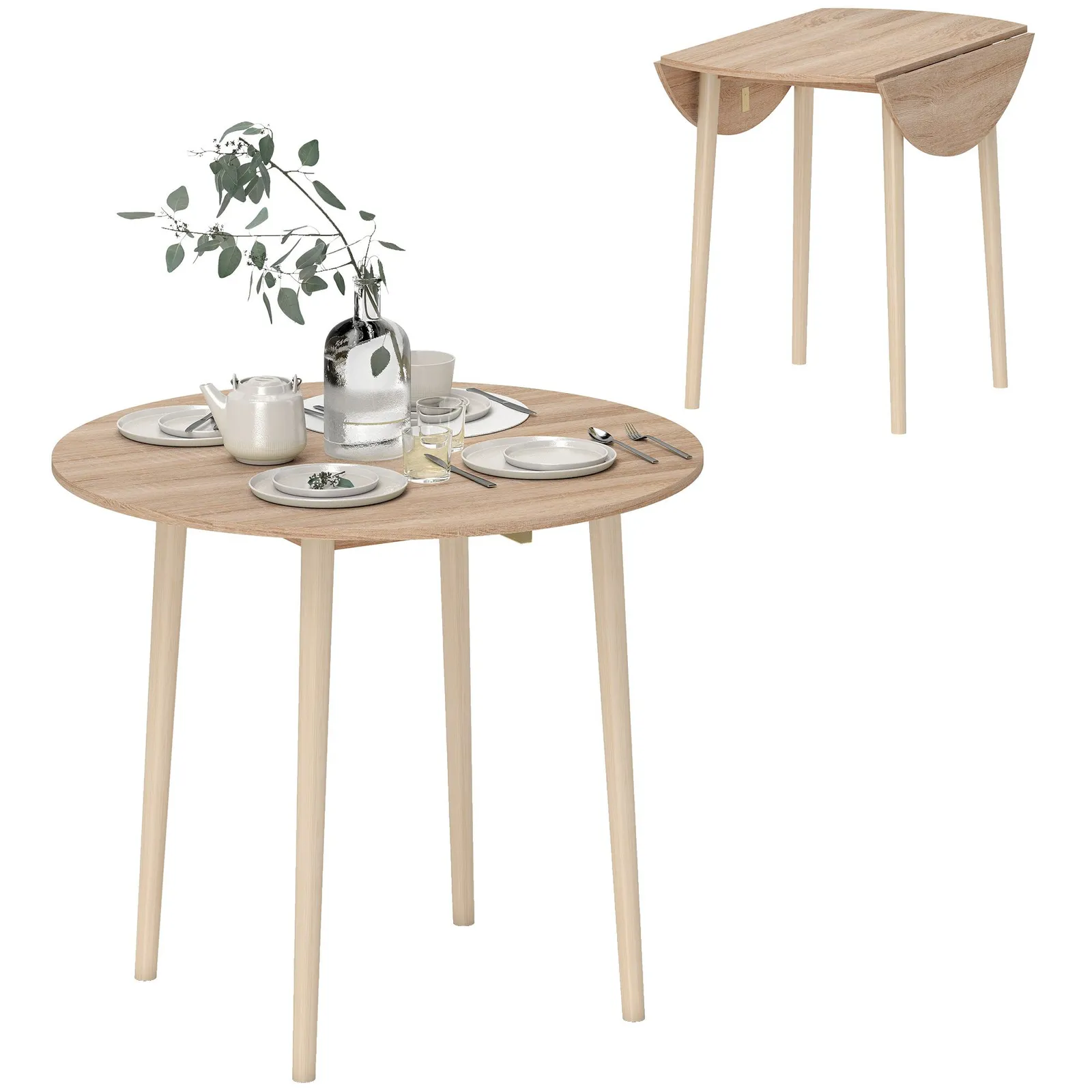 HOMCOM Folding Dining Table for 4, Round Drop Leaf Table, Modern Space Saving Small Kitchen Table with Wood Legs for Dining Room in Natural 2