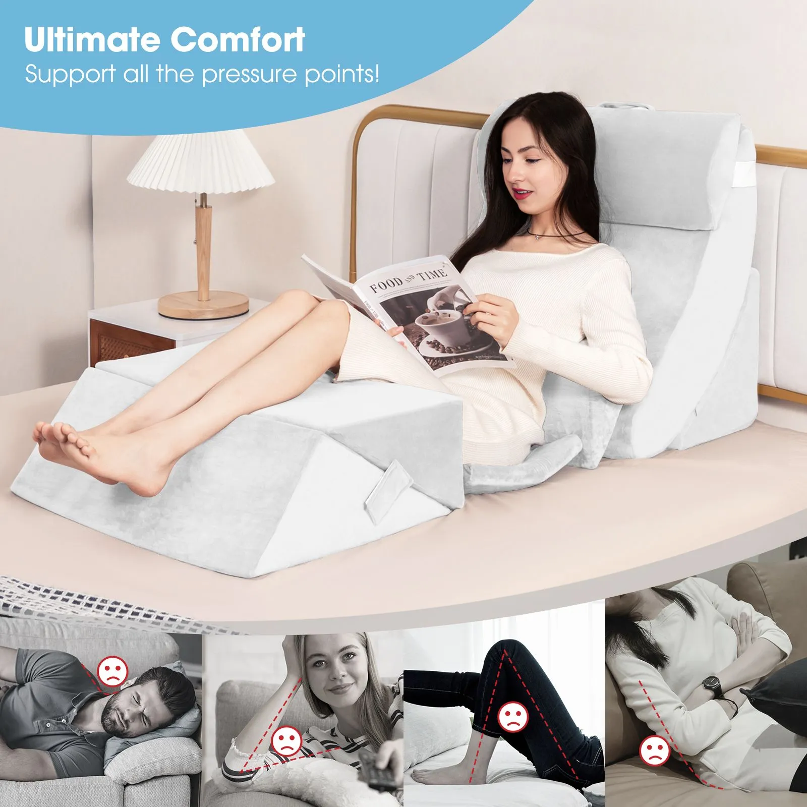 Costway 7 PCS Adjustable Support Pillow Set Bed Wedge Pillows Triangle Sit-up Pillow in White 2