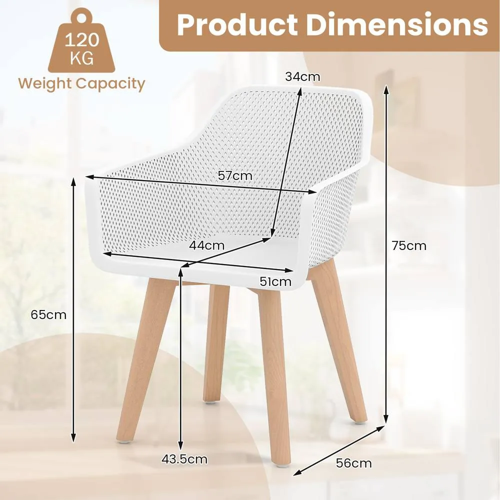 Costway Modern Plastic Dining Chairs Set of 2 Kitchen Armchairs w/Wood Legs in White 4