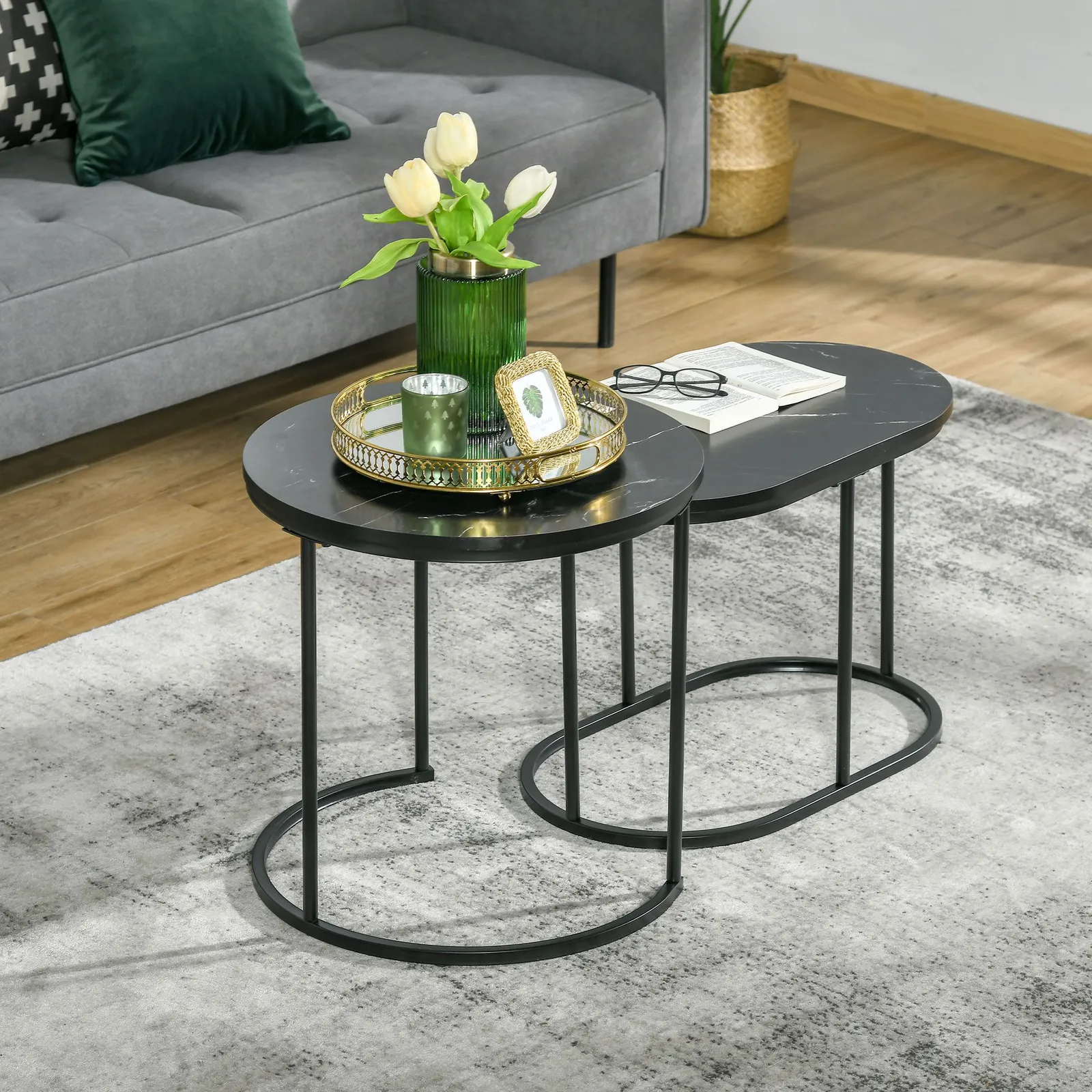 HOMCOM 2 Pcs Modern Coffee Table with Faux Marble Tabletop Black