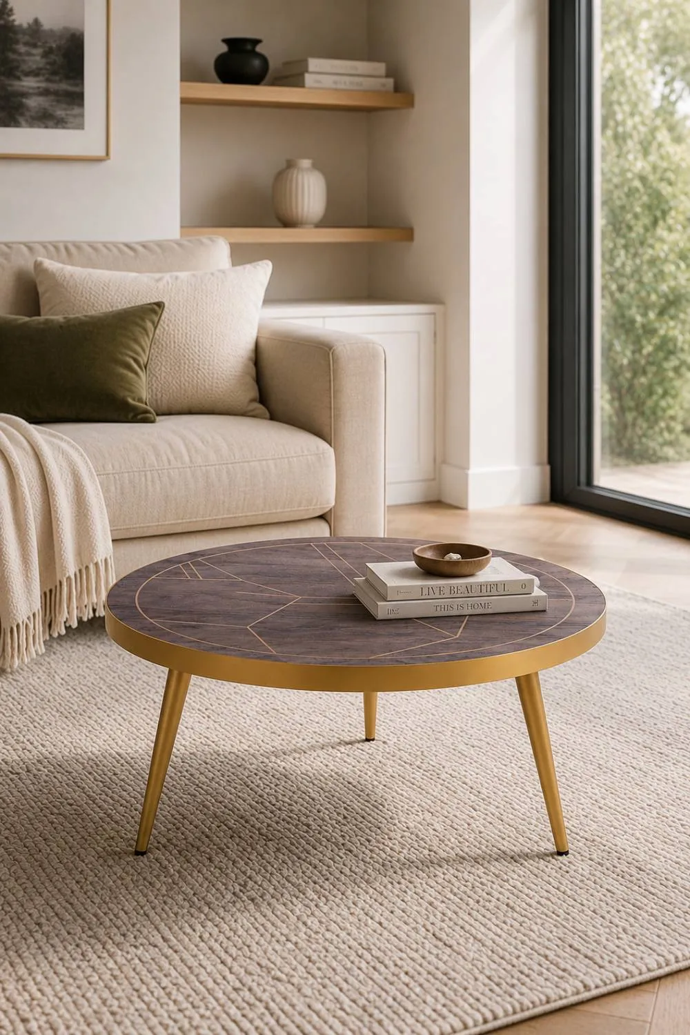IH Design Silchester Round Coffee Table Dark Mango Walnut Gold Inlay in Brown