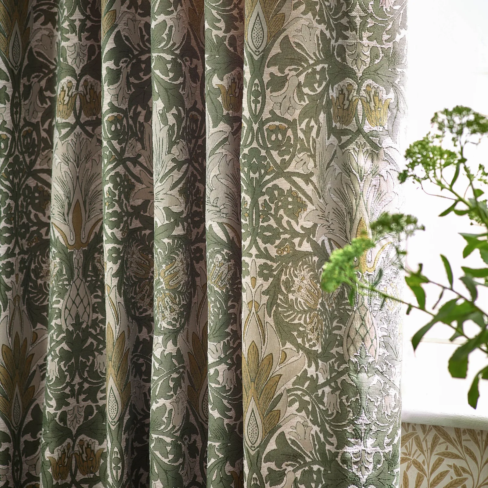 Morris & Co Snakeshead Jacquard Chenille Room Darkening Pencil Pleat Curtains in Stone 3