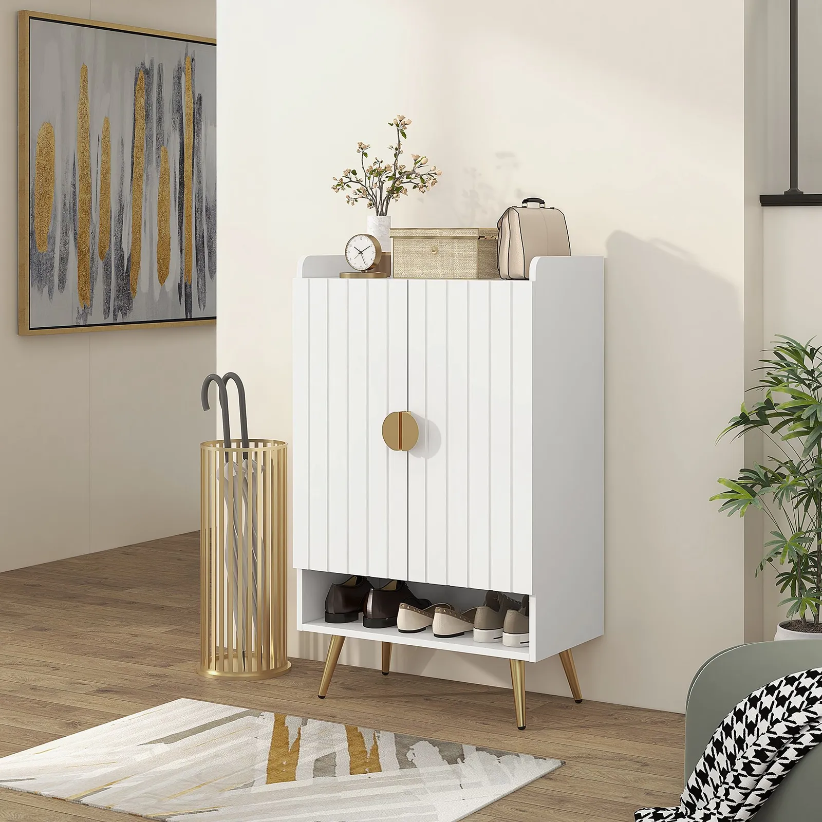 HOMCOM Modern Hallway Shoe Cupboard with Adjustable Shelves for Entryway in White