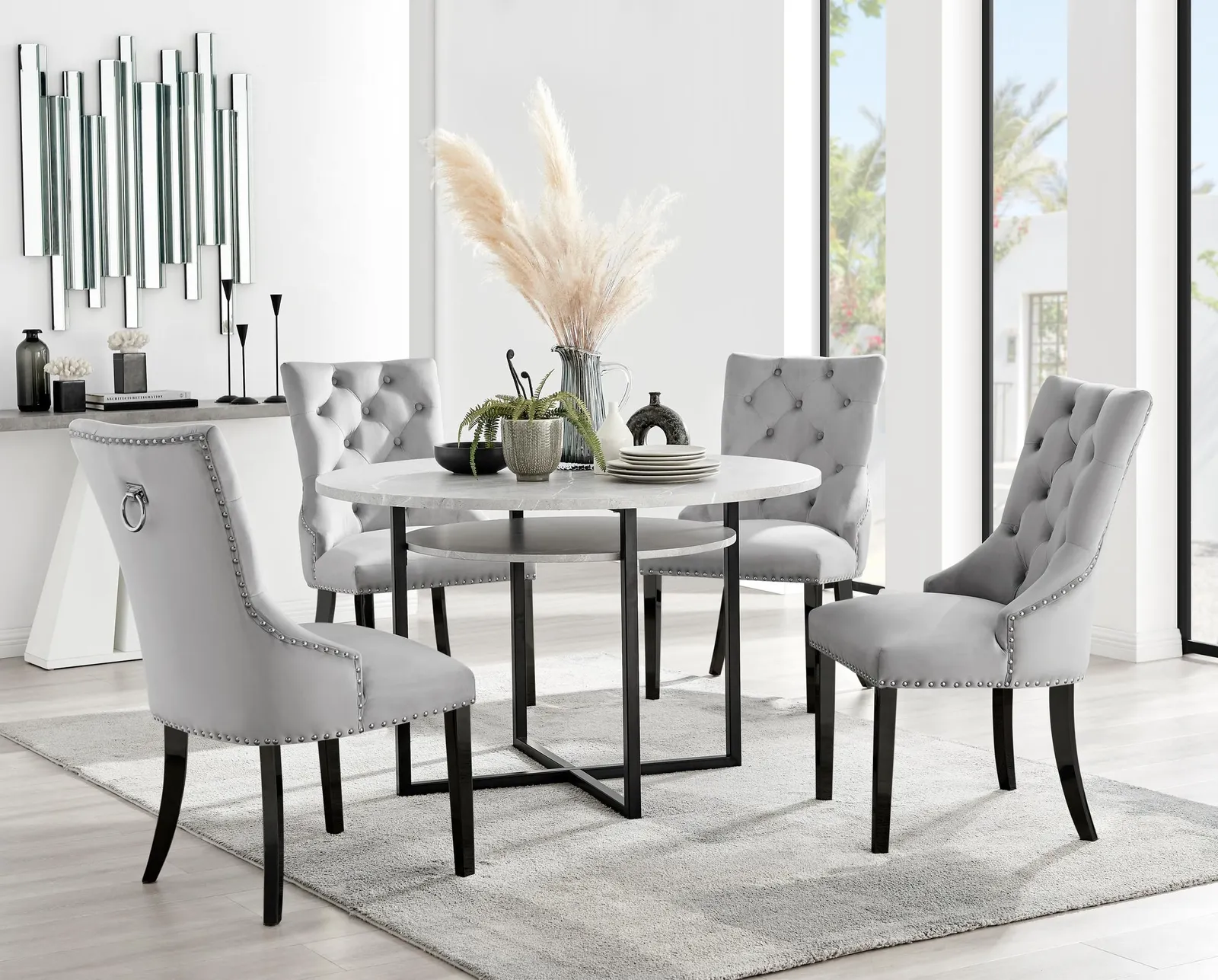 FurnitureboxUK Adley Grey Concrete Effect Round Dining Table & 4 Belgravia Velvet Black Leg Chairs