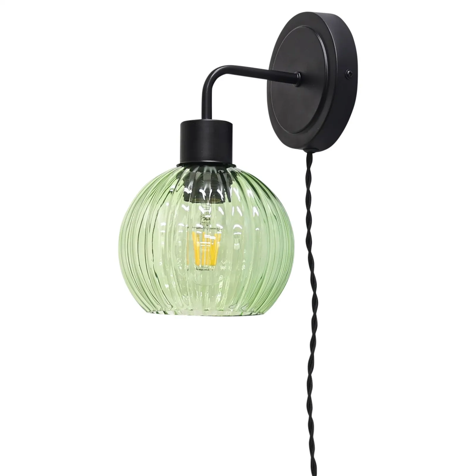 First Choice Lighting Toby - Black Plug in Wall Light with Betchley Green Ribbed Shade 2