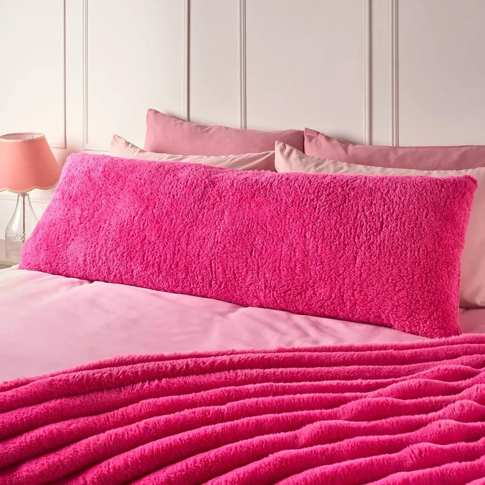 OHS Long Bolster Pillow Teddy Fleece Body Neck Pregnancy Support Cushion in Bright Pink