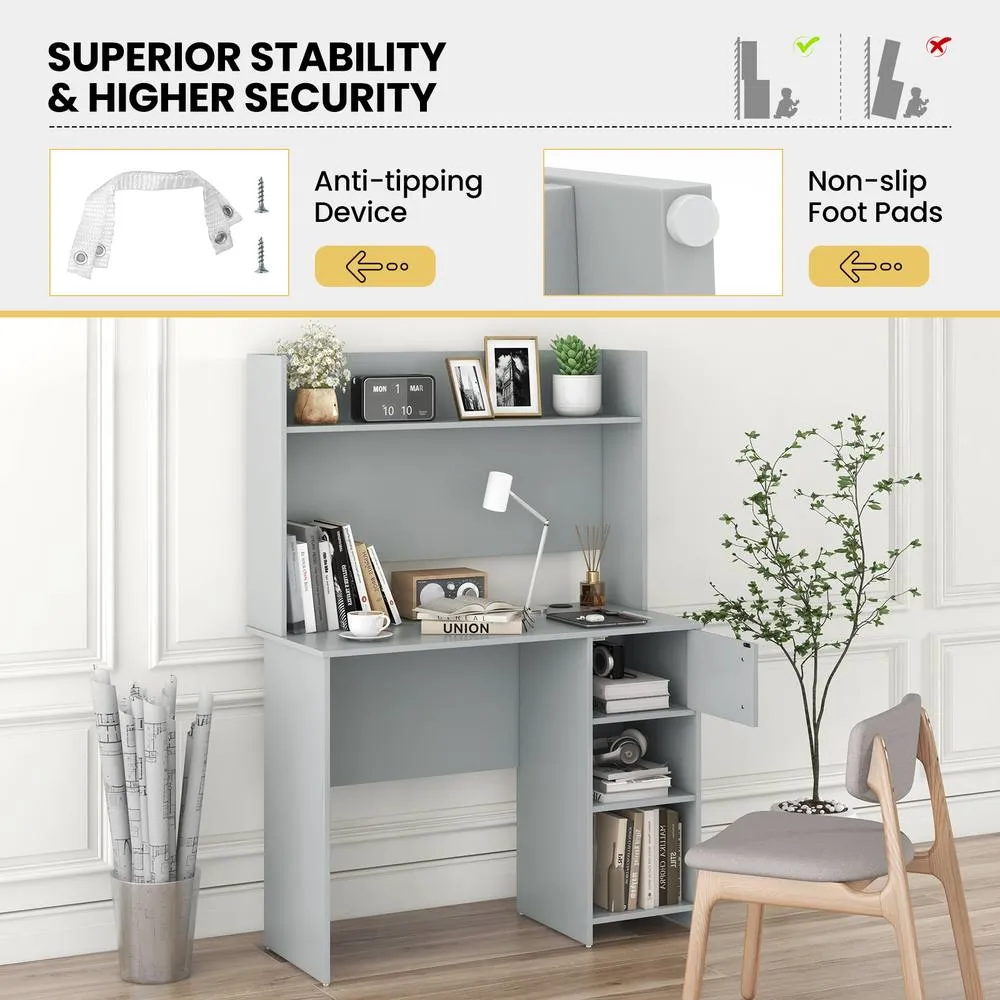 Costway Modern Computer Desk Home Office Writing Study Desk w/ Display Shelf in Grey 5