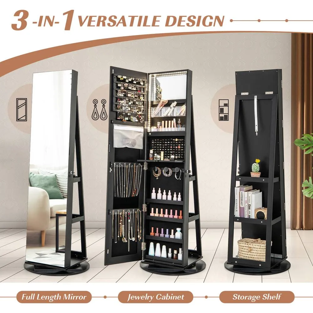 Costway Rotating Jewelry Armoire Freestanding Jewelry Cabinet with Full Length Mirror in Black 4
