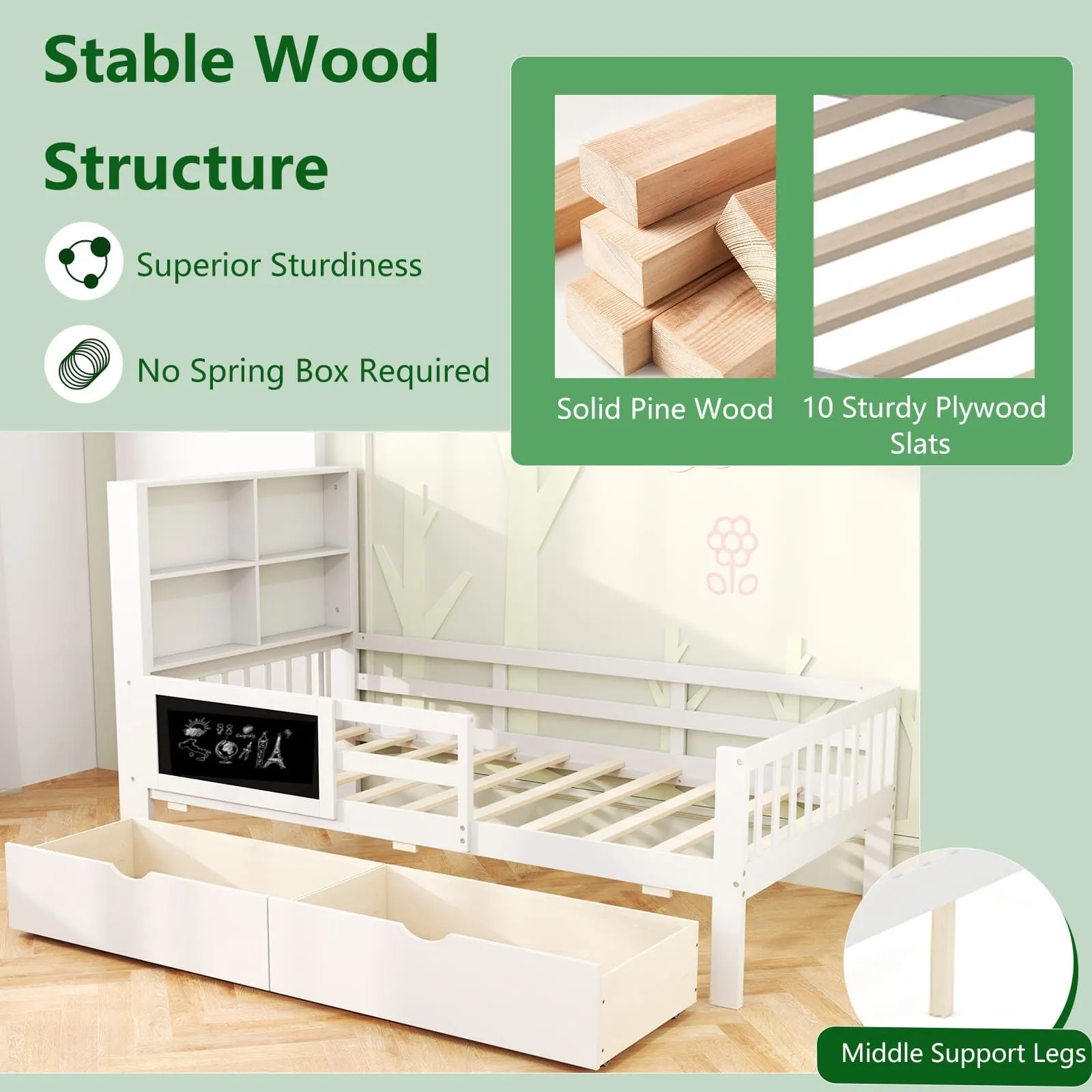 Costway Single Size Bed Frame Solid Wood Platform Bed w/2 Storage Drawers in White 5
