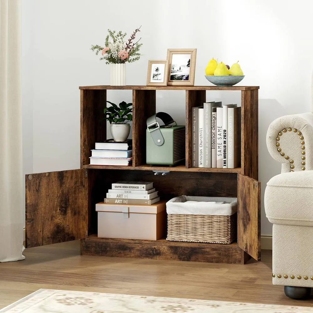 Costway 3-Cube Bookcase 3-Tier Bookshelf w/Cabinet Modern Storage Organizer in Brown 3