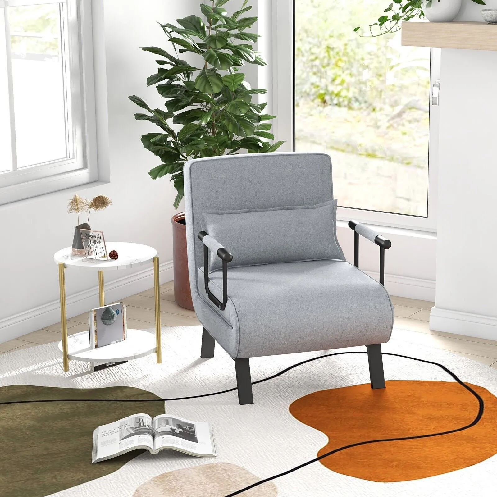Costway Convertible Single Folding Sofa Bed Sleep Chair with 6 Positions Adjustable Backrest Light Grey 4