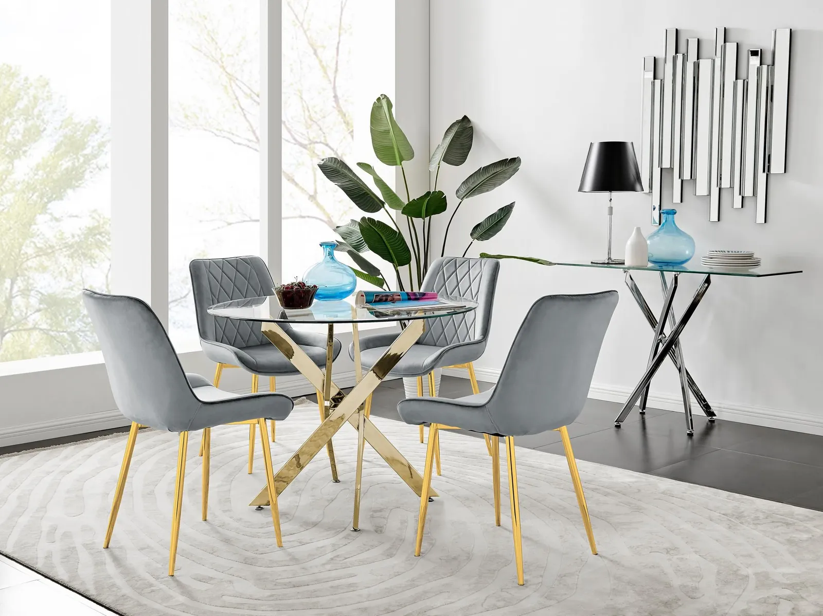 FurnitureboxUK Novara 100cm Round Tempered Glass Dining Table with Gold Legs & 4 Pesaro Velvet Chairs in Grey 1