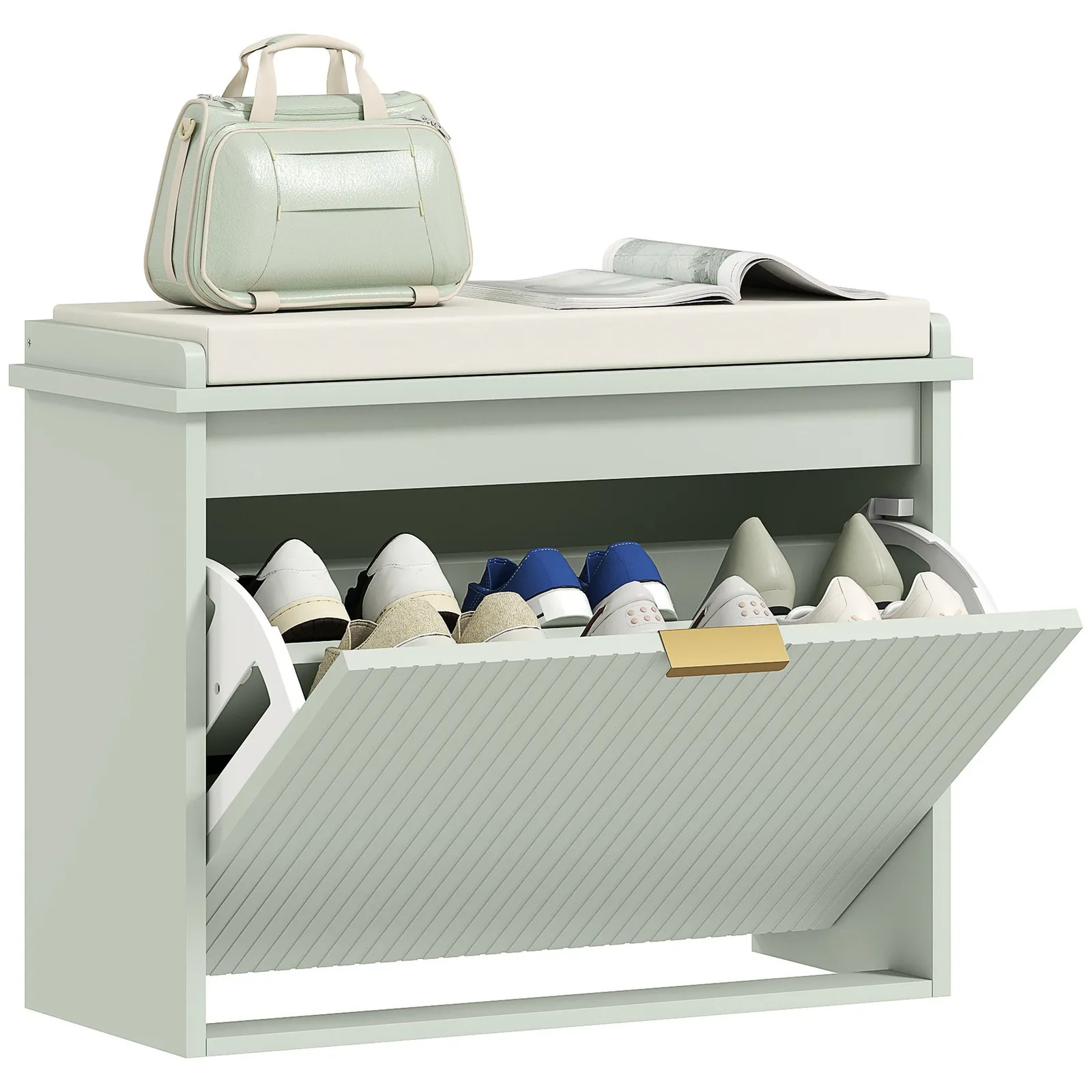 HOMCOM Shoe Storage Bench with Cushion & Flip-Drawer 62x26x47.5cm Green 2