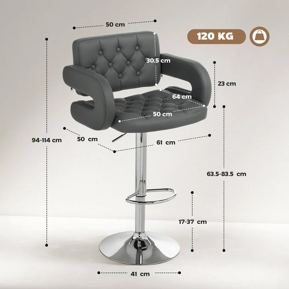 HOMCOM Adjustable Height Barstool Steel Pole PU Leather Bistro in Grey 3