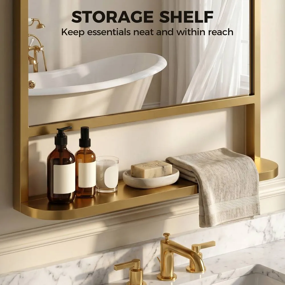 HOMCOM Rectangle Wall Mirror with Shelf 70 x 50 cm, for Living Room, Bedroom in Gold 6