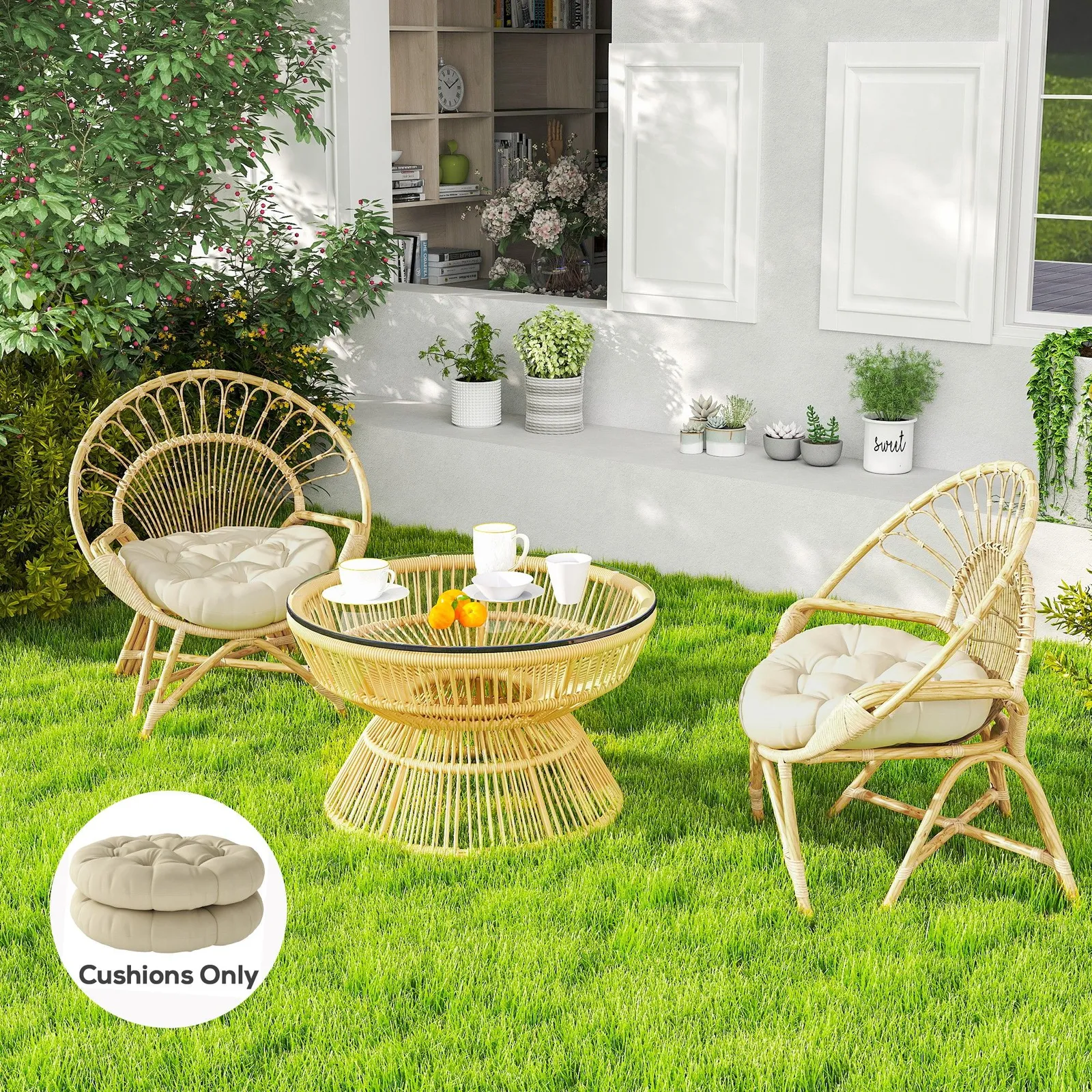 OUTSUNNY Outdoor Seat Cushions Set of 2, Tufted Round Chair Pads, Beige