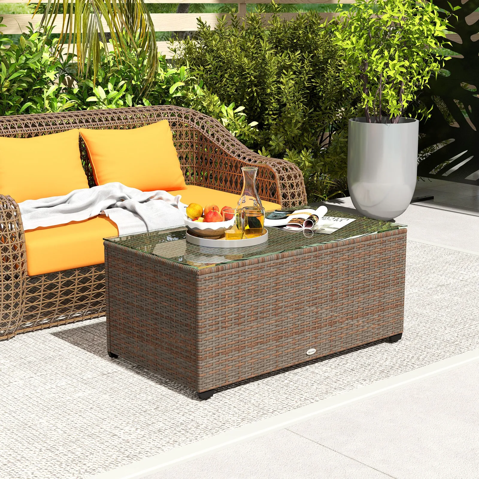 OUTSUNNY Outdoor Coffee Table, Glass Top Rattan Side Table, Brown