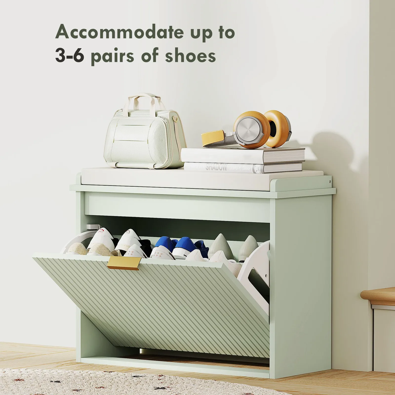 HOMCOM Shoe Storage Bench with Cushion & Flip-Drawer 62x26x47.5cm Green 5