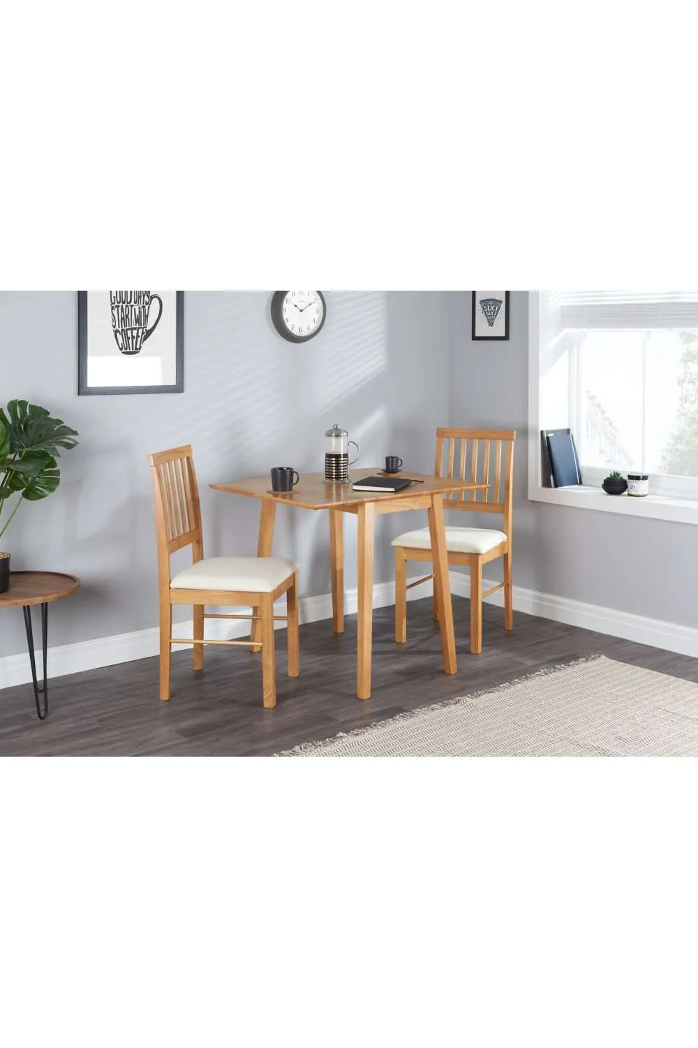 Birlea Drop Leaf Table Chairs Square Solid Wood Dining 2 Kitchen Set Oak Finish in Brown