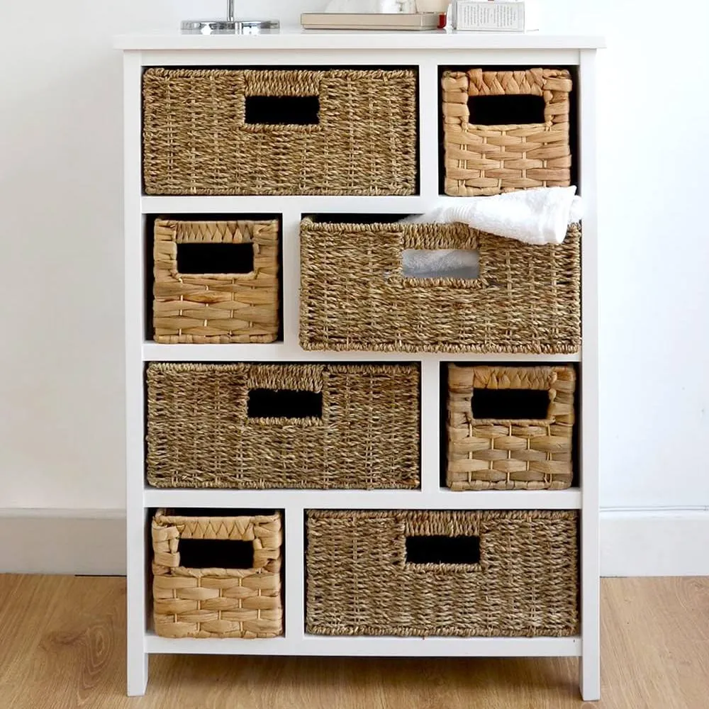 Statement Furniture Tetbury 8 Drawer Storage Unit White with Hyacinth & Seagrass Baskets