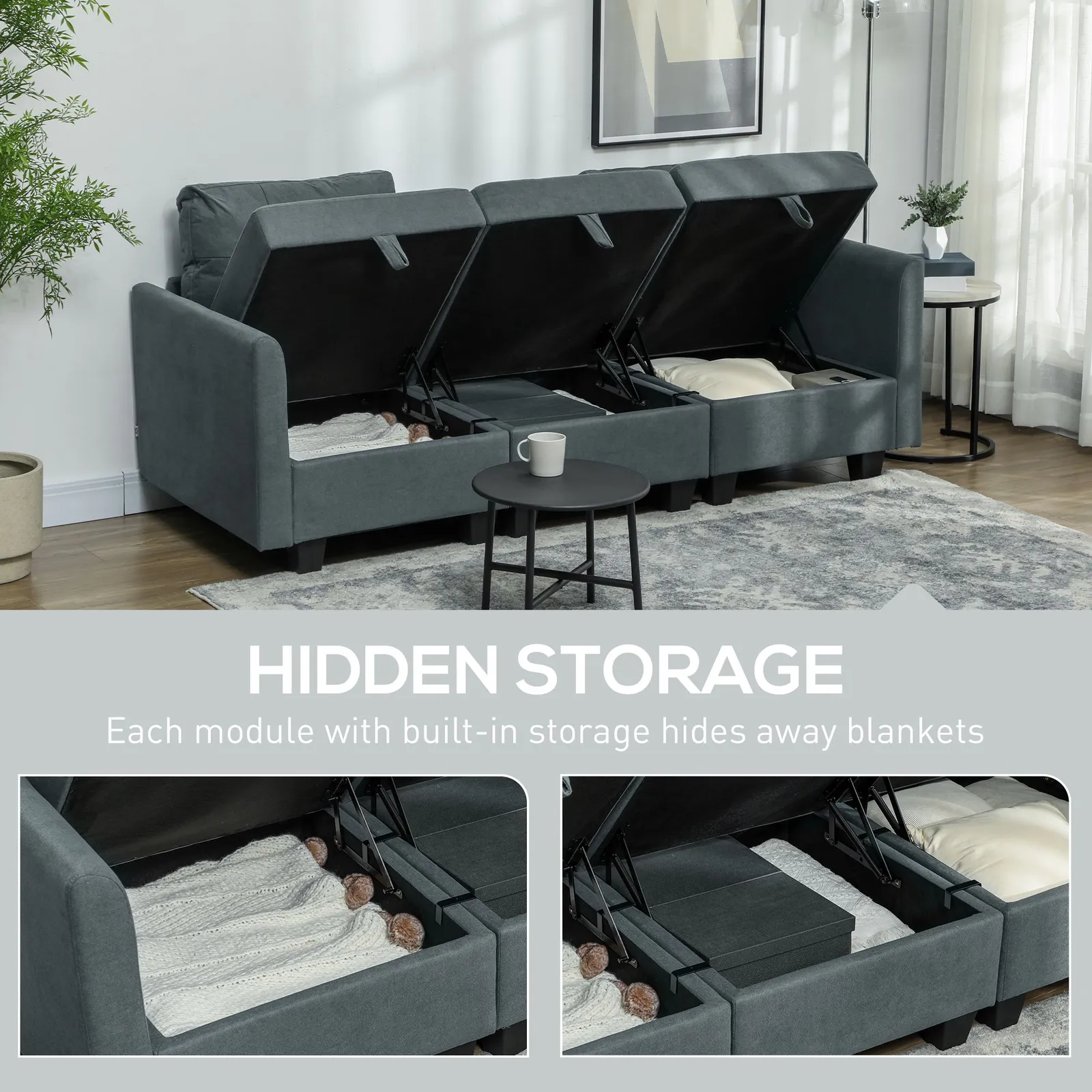 HOMCOM Modular Sectional Sofa with Storage, 2 Seater Sofa Set, Dark Grey 6