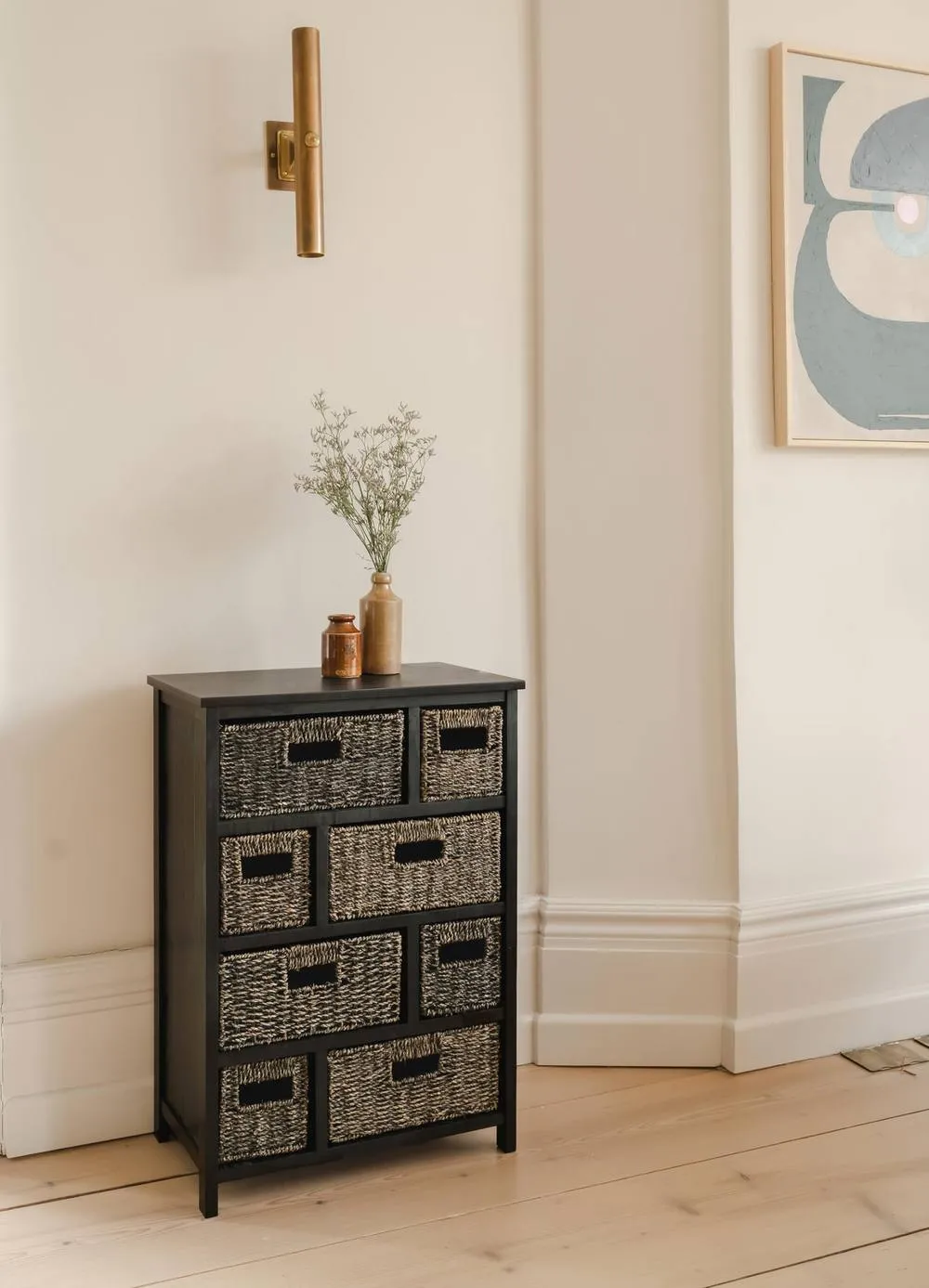 Statement Furniture Tetbury 8 Drawer Storage Unit- Black with Blackwash Seagrass Baskets 3