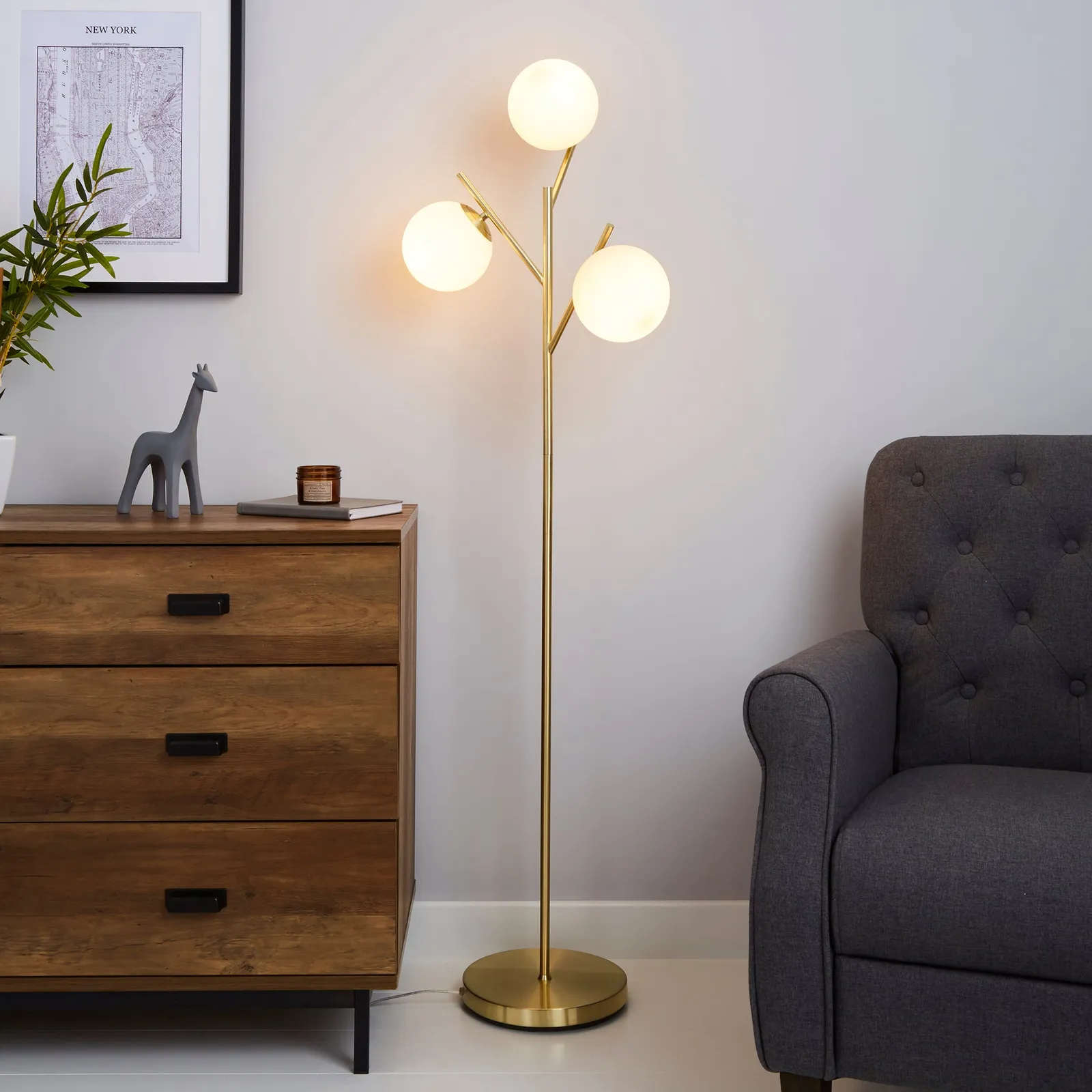Eniola Frosted White Glass Ball Gold Floor Lamp Gold